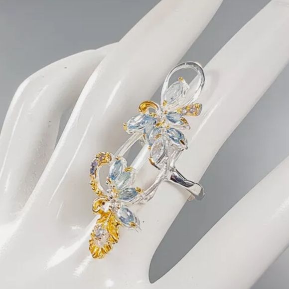 GORGEOUS Aquamarine, Amethyst & Sapphire peacock floral cocktail ring sz6.5 - Picture 6 of 7